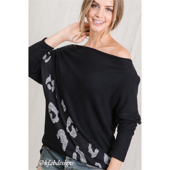 ❤️LAST ONE! Multi Wear Neckline Super Soft, Leopard Accent, Dolman Sleeve Top - Picture 3 of 9